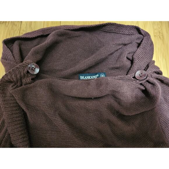 BLANK NYC Cardigan XS Tight Knit Vegan Leather Sleeve Burgundy Button Cowl Neck - Picture 2 of 8